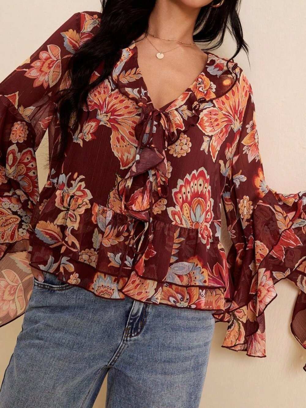 Multicolor Boho Women's V-Neck Long Sleeve Blouse with Ruffle Asymmetrical Hem - Picture 6 of 9